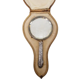 Antique Silver & Gilt Embossed Leather Hand Mirror w/ Original Box