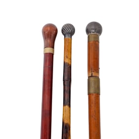 (3 Pc) Carved Wood Flask & Silver Topped Canes
