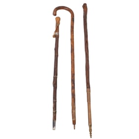 (3 Pc) Carved Wood Hidden Sword & Other Walking Sticks