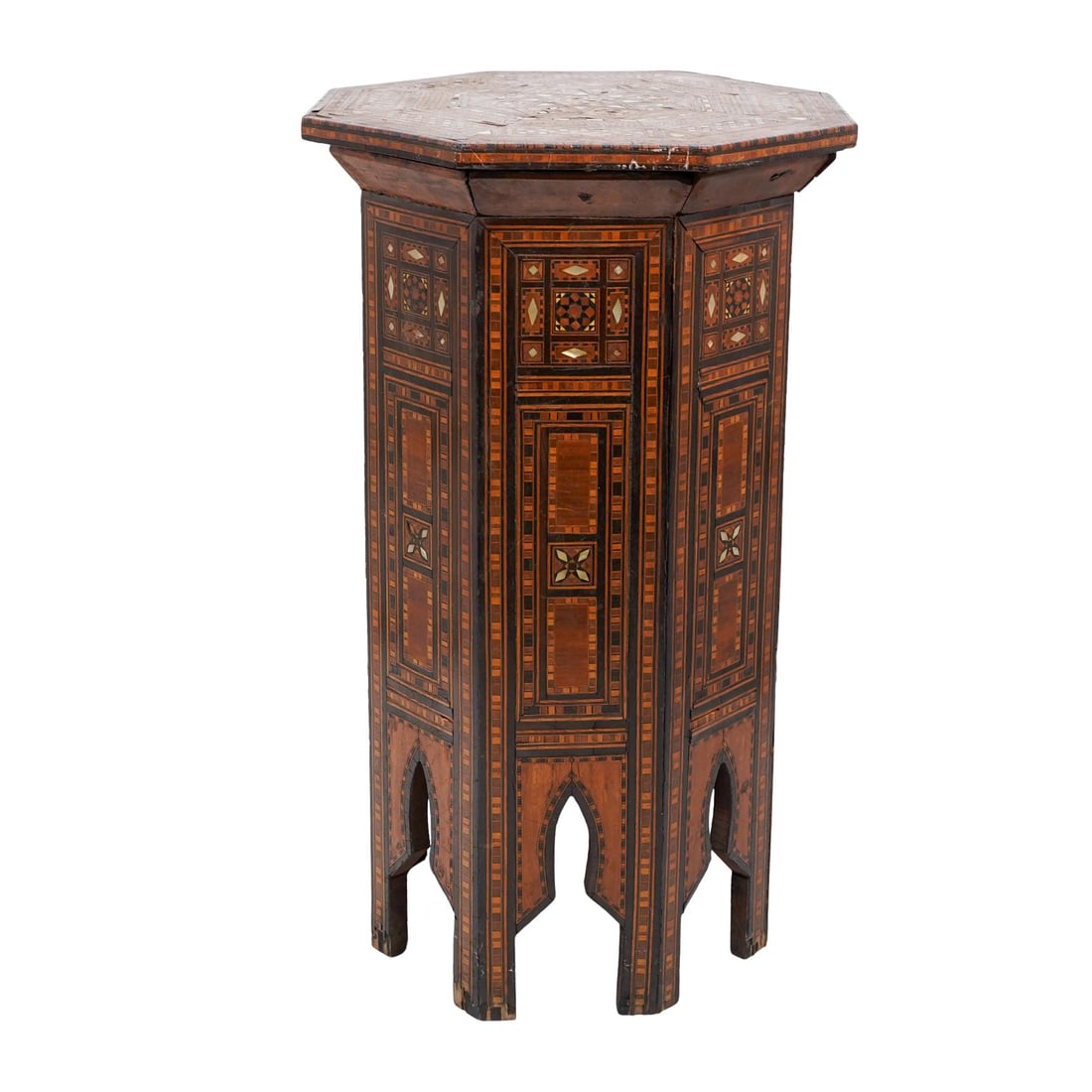 Antique Syrian Marquetry and Mother of Pearl Nightstand: Antique Syrian Marquetry and Mother of Pearl Nightstand Late 19th-early 20th century, Syrian An antique handcrafted Syrian wooden nightstand with decorative geometric marquetry throughout all sides an