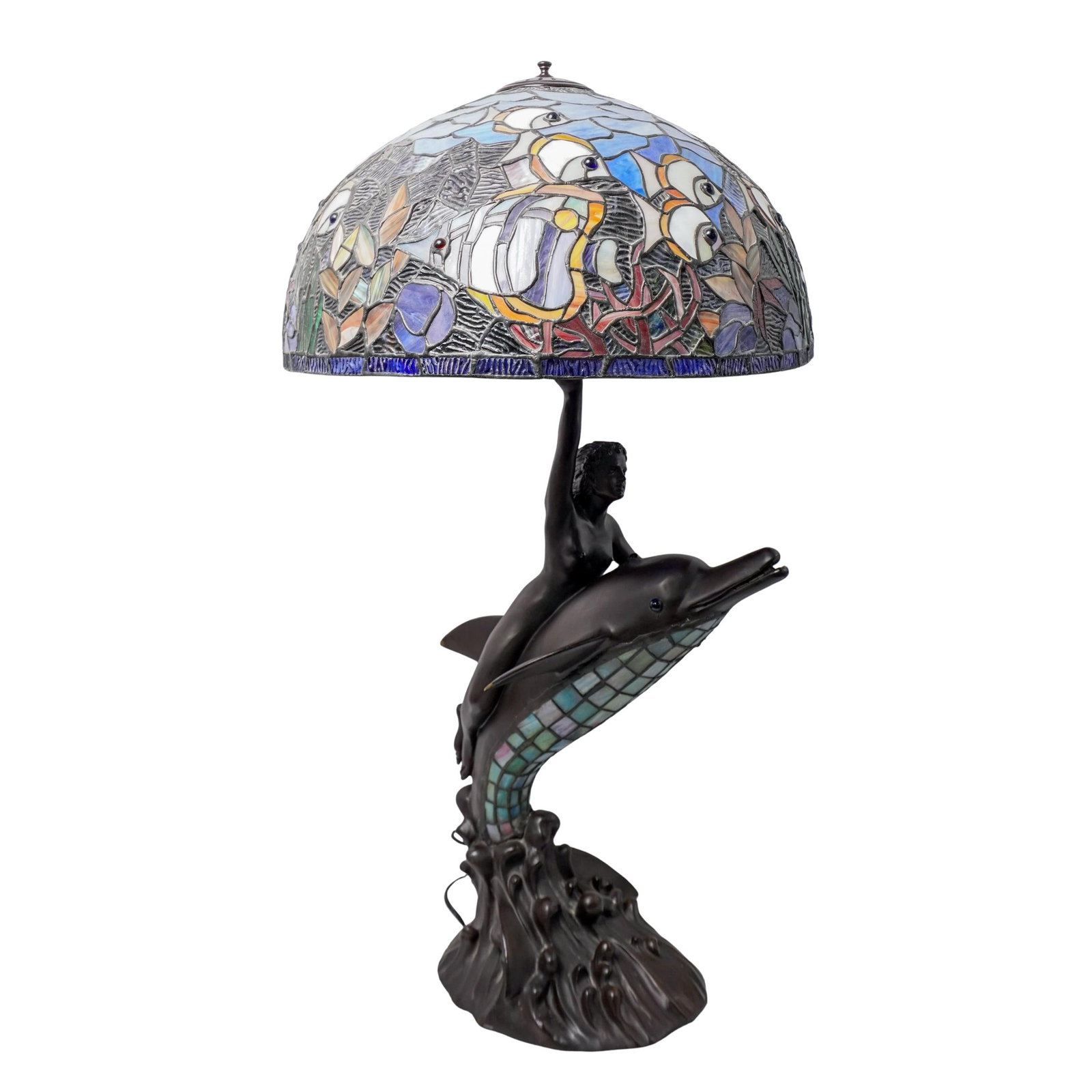 Signed "Judy" Z & H Nautical Glass Shade Lamp: Signed "Judy" Z & H Nautical Glass Shade Lamp 2002, USA A bronze table lamp in a nautical theme. The base features a dolphin breaching the water surface, the dolphin is covered on the belly with iride