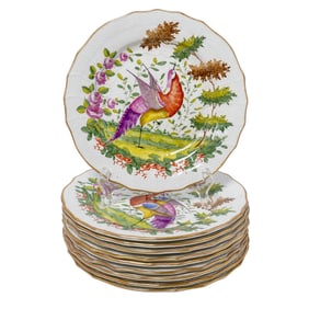 (10 Pc) Antique English Chelsea Porcelain "Exotic Birds" Dinner Plates