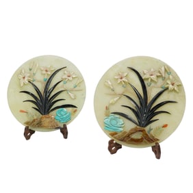 Pair of Chinese Stone Floral Decorations