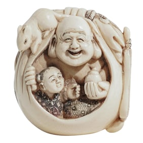 Meiji Japanese Polychrome Carved Bone Hotei Netsuke