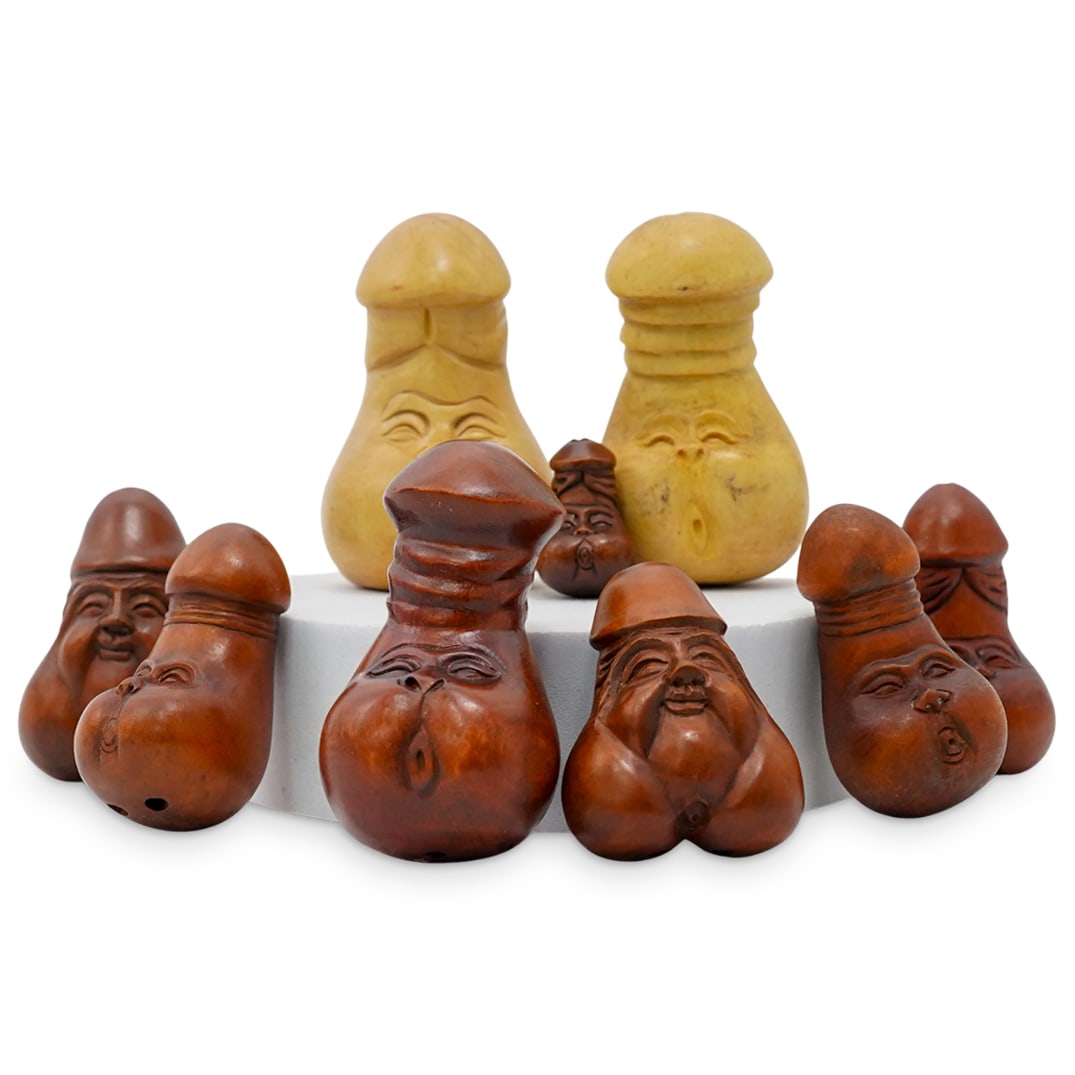 (9 Pc) Japanese Erotic Miniature Carved Wood & Bone Phallic Netsuke: (9 Pc) Japanese Erotic Miniature Carved Wood & Bone Phallic NetsukeEarly 20th Century(9 Pc) Japanese Erotic Miniature Carved Wood and Bone Netsuke with phallic form. Includes a total of nine (9) phall