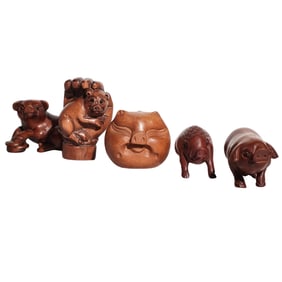 (5 Pc) Japanese Carved Wood Pig Netsukes