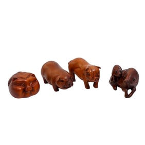 (4 Pc) Japanese Miniature Carved Wood Netsuke