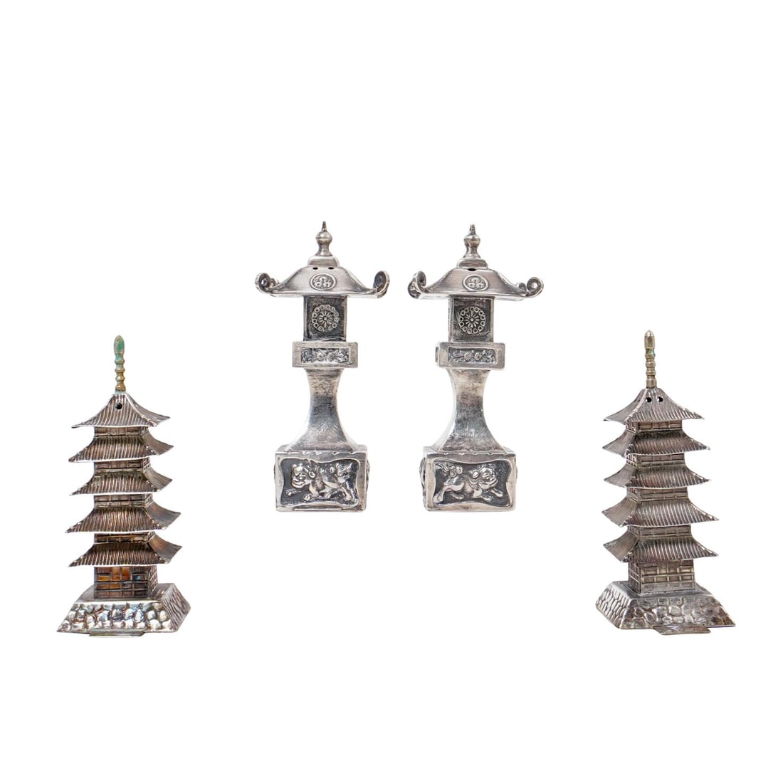 (4 Pcs) Chinese Pagoda Sterling Silver Salt & Pepper Shakers (1 of 4)