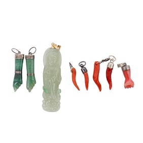 (8 Pc) Chinese Carved Jade & Stone Amulet Pendants