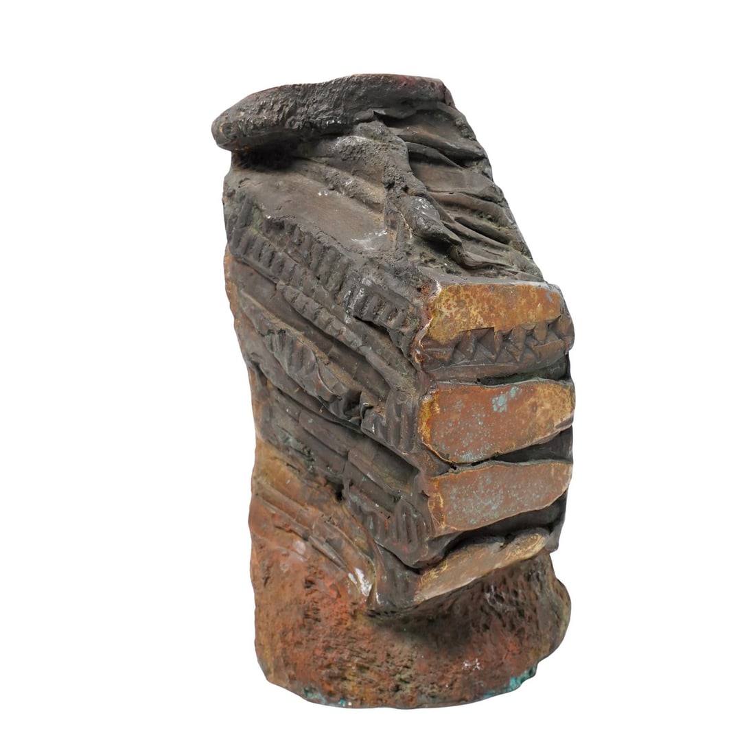 Bronze and Stone Sculpture: Bronze and Stone Sculpture20th century, ContinentalA bronze and stone sculpture. Top features a smoothed gilt bronze top and natural textures throughout.H 13" W 7" L 7 1/2"