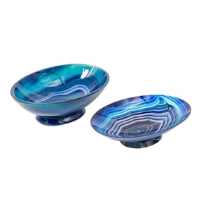 (2 Pc) Pair Of Natural Blue Agate Carved Bowls
