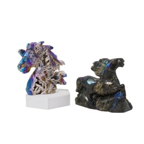 Pair of Labradorite and Aura Sphalerite Horse Sculptures