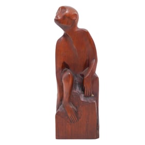 "MW" Signed MCM Wooden Monkey Sculpture