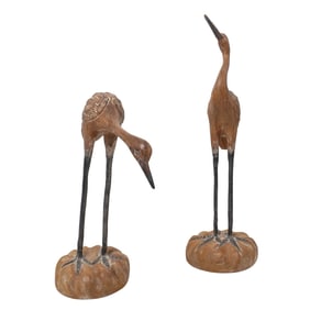 (2 Pc) Pair of Carved Mid Century Wood Heron Bird Sculptures