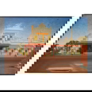 Signed Tom Veale Oil Painting On Panel: Signed Tom Veale Oil Painting On Panel20th Century, USASigned Tom Veale Oil Painting On Panel, depicting a rural city scene, with a central 'Princess Hill Pharmacy" building. Signed 'Tom Veale' on the