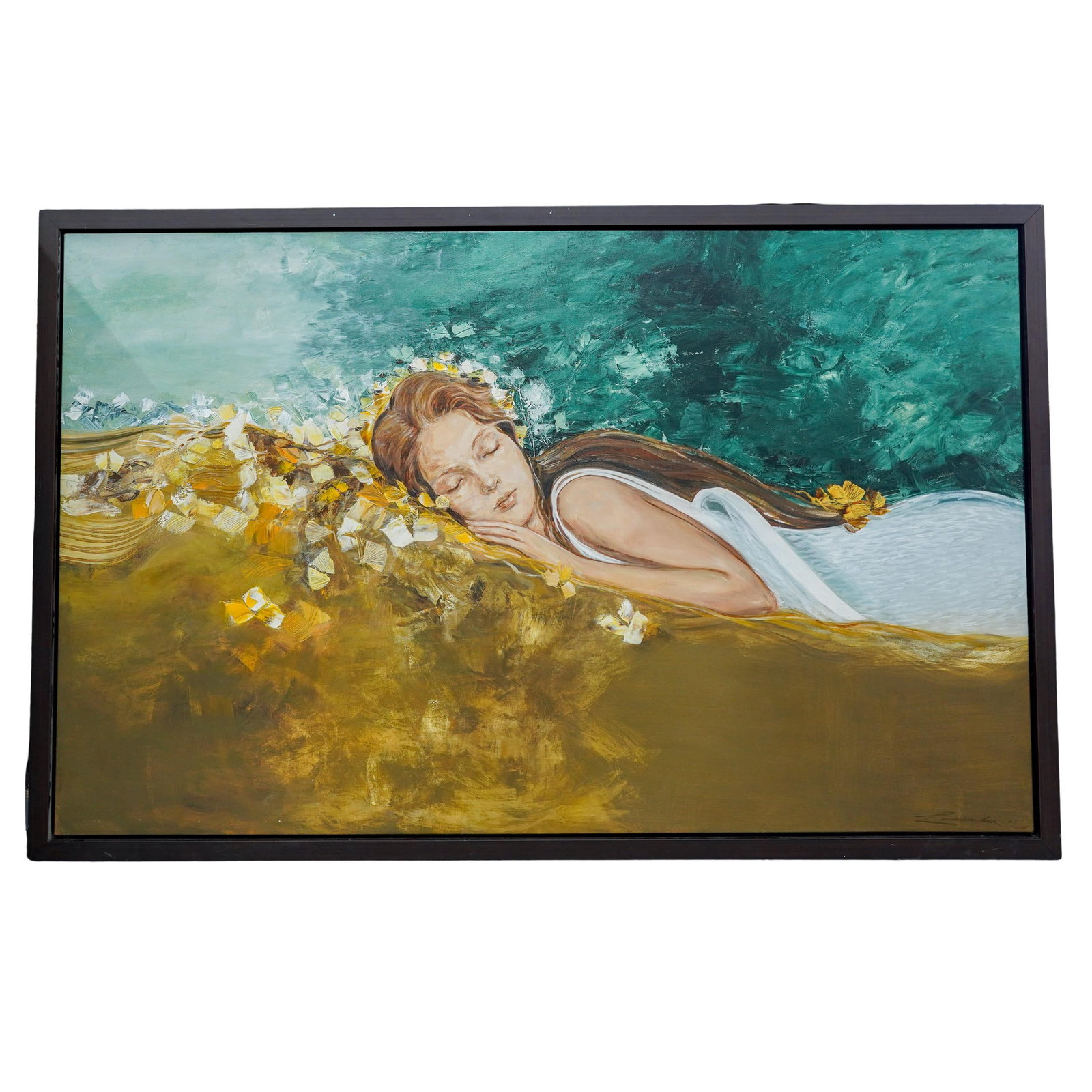 Signed Large Resting Woman Oil on Canvas: Signed Large Resting Woman Oil on Canvas 20th century, Continental A large oil on canvas painting of a woman in a white dress resting with golden floral elements around her head and separating the upp