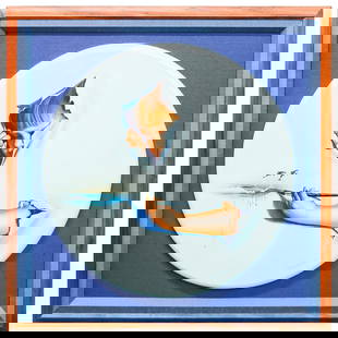 Jim Warren (b. 1949, American) Abstract Oil on Canvas: Jim Warren (b. 1949, American) Abstract Oil on Canvas1995, AmericanA signed abstract oil on canvas painting featuring a child ripping through the canvas to paint a scene of dolphins breaching from the