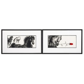 Pair of Mary Hetrick-Vecchio (American, 20th c.) Horse Charcoals