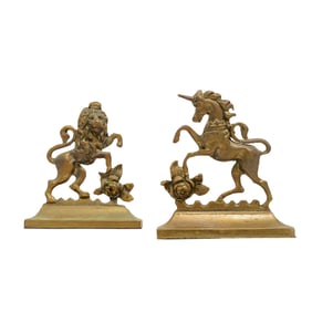 Antique English Victorian Lion & Unicorn Brass Bookends