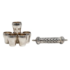 (7 Pc) Assorted 835 Silver Liquor Cups & Judaica Scroll Grouping