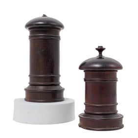 Pair of Carved Wood Grinder-Shaped Spice Jars