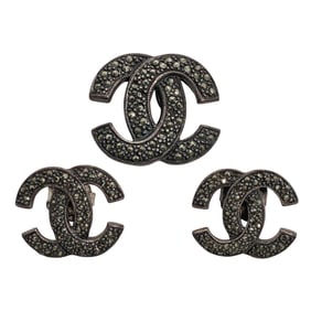 Chanel Style Sterling Silver Pendant & Earrings Set