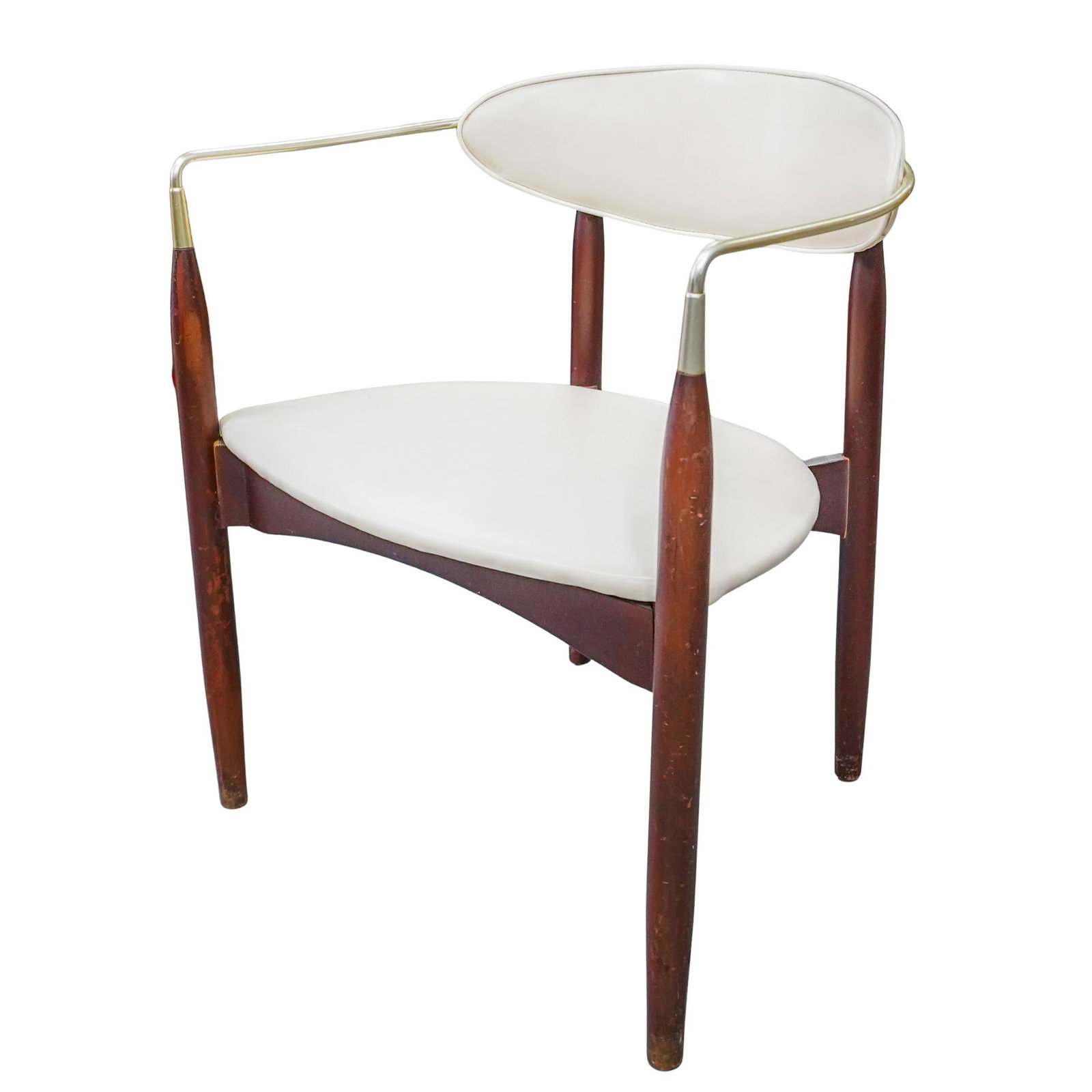 Dan Johnson for Selig "Viscount" Chair: Dan Johnson for Selig "Viscount" ChairMid 20th century, AmericanA MCM chair comprised of wooden legs and frame with metal arm rests and white leather upholstery. Dan Johnson (mid 20th century designer