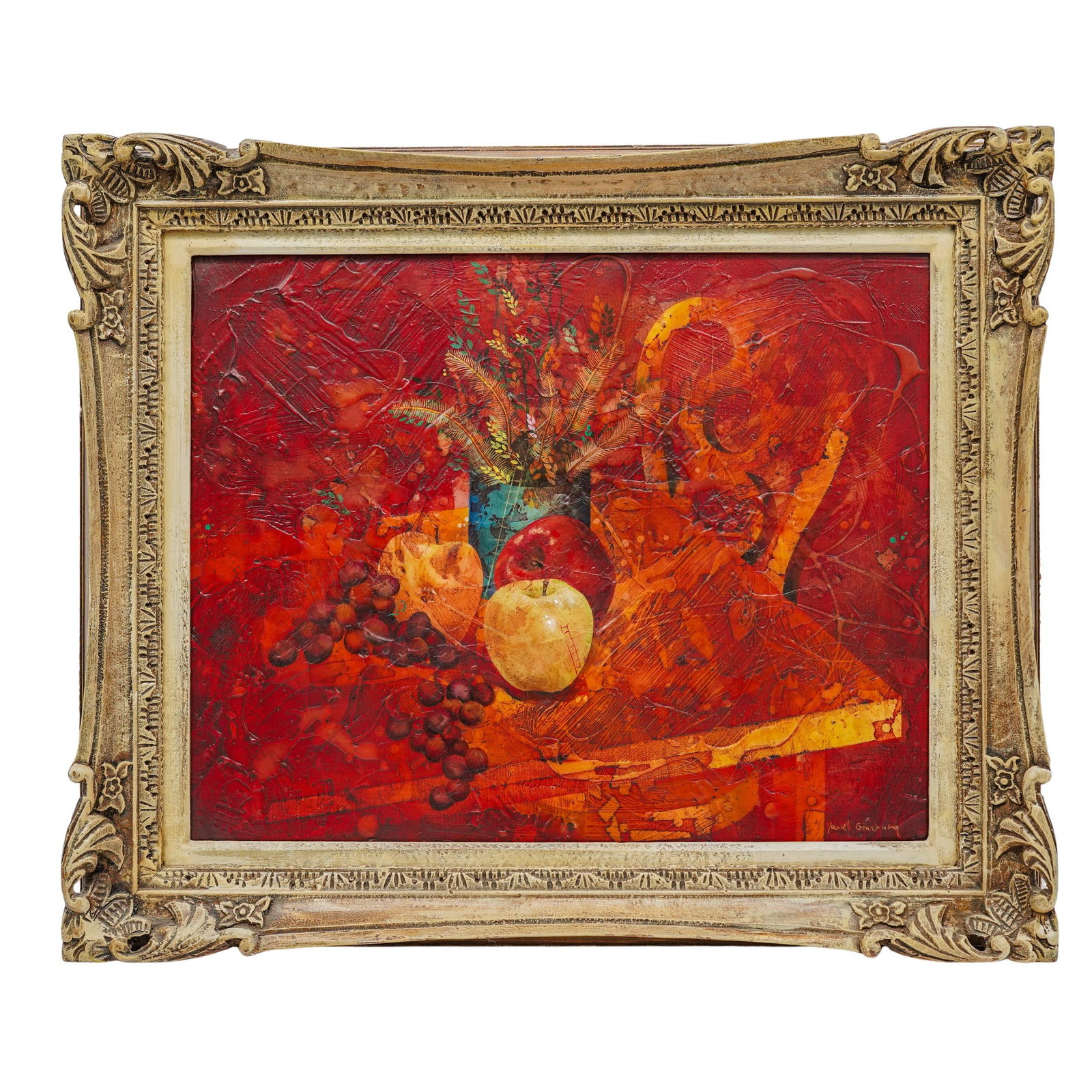 Yankel Ginzburg Impasto Still Life Painting On Canvas: Yankel Ginzburg Impasto Still Life Painting On Canvas 20th. Century Yankel Ginzburg impasto acrylic painting on canvas depicting a still life scene with table, chair, vase with flowers and fruits. Sig