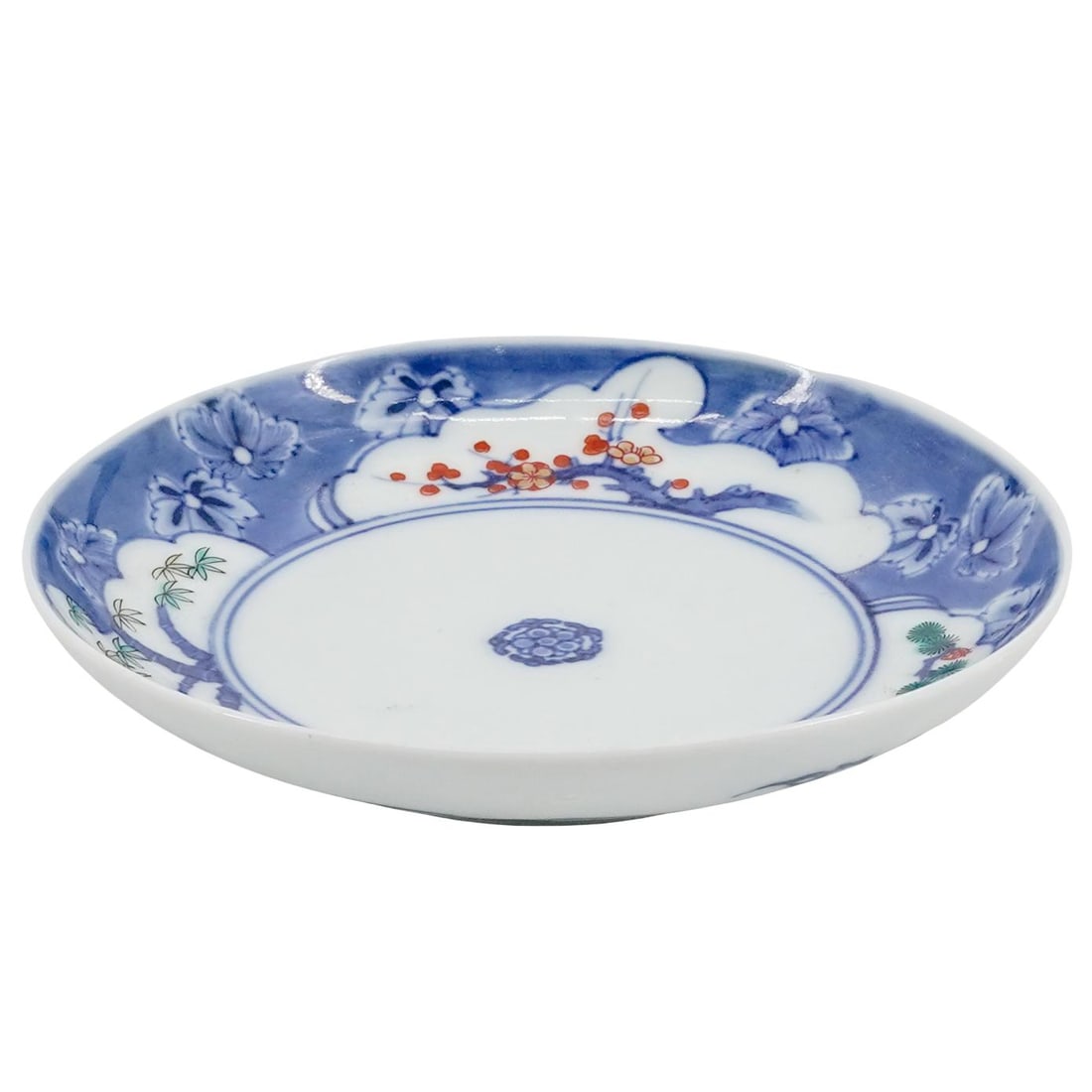 Japanese Edo Period Kakiemon Porcelain Dish: Japanese Edo Period Kakiemon Porcelain Dish 19th c., Japan Blue and white glazed porcelain with polychrome enamel foliage accents around the rim. There is a sticker on the bottom with details about th