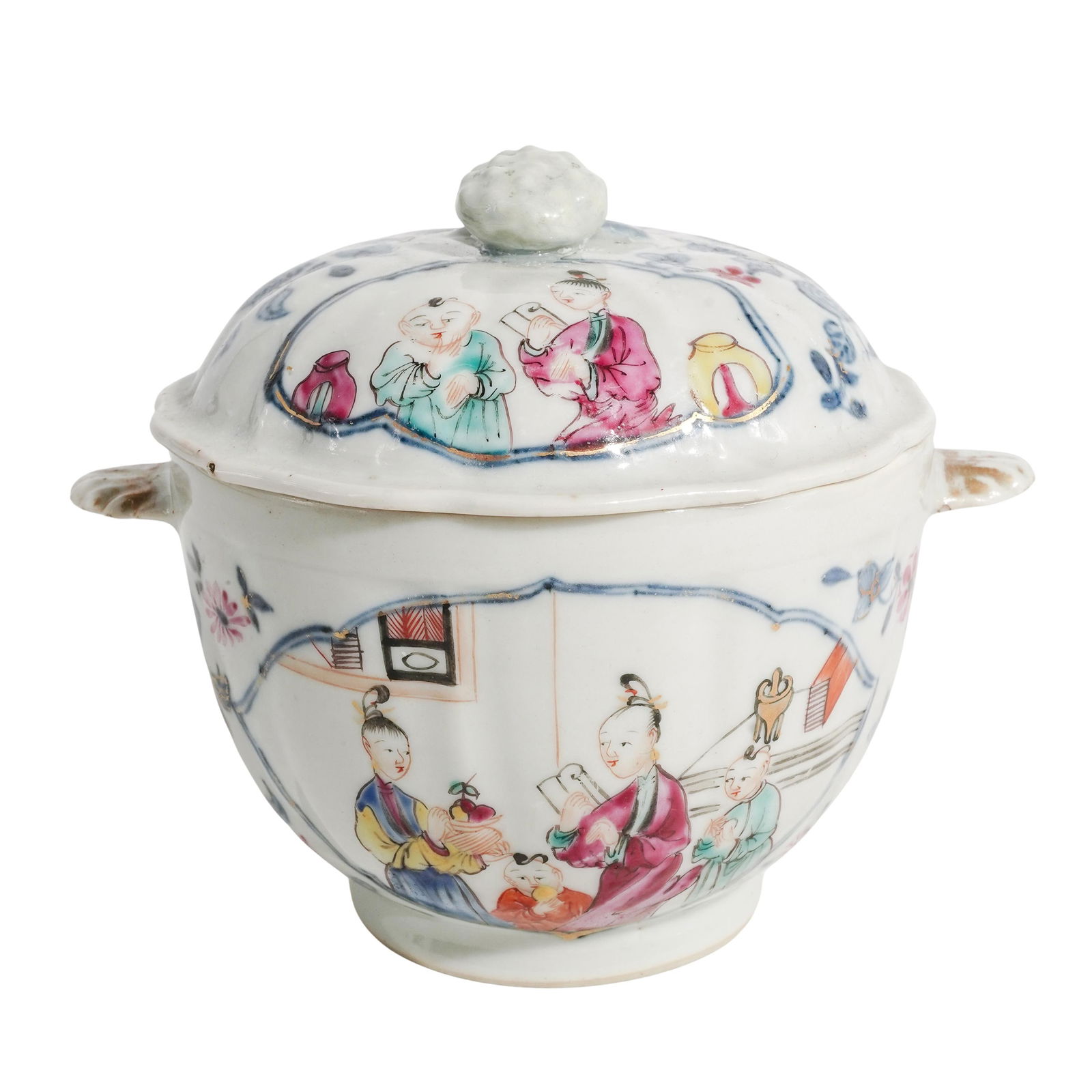 Chinese Qing Dynasty Porcelain Lidded Sugar Bowl: Chinese Qing Dynasty Porcelain Lidded Sugar Bowl19th c., ChinaAntique hand painted glazed porcelain sugar bowl with scalloped handles featuring images of people with gilded floral accents.H: 4.25" W: