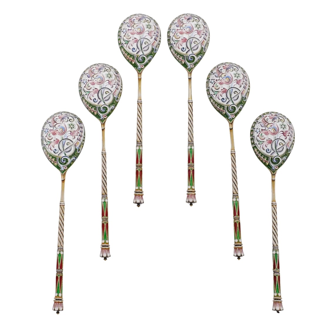 (6 Pc) Early 20th Cent. Russian Silver Enameled Demitasse Spoons (1 of 7)