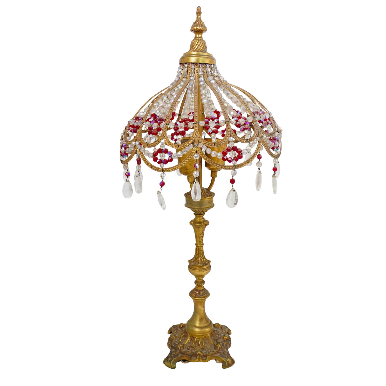Antique Gilt Brass and Glass Beaded Lamp (1 of 6)