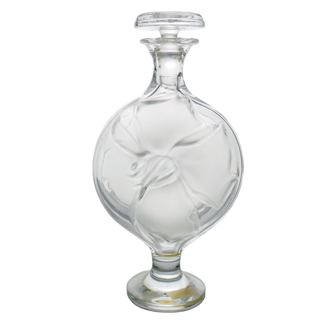 Lalique "Moulin Rouge" Crystal Perfume Bottle: Lalique "Moulin Rouge" Crystal Perfume Bottle 20th c., France Clear and frosted crystal glass perfume bottle featuring a rose on one side and a lily on the other, with a floral button-style stopper. L