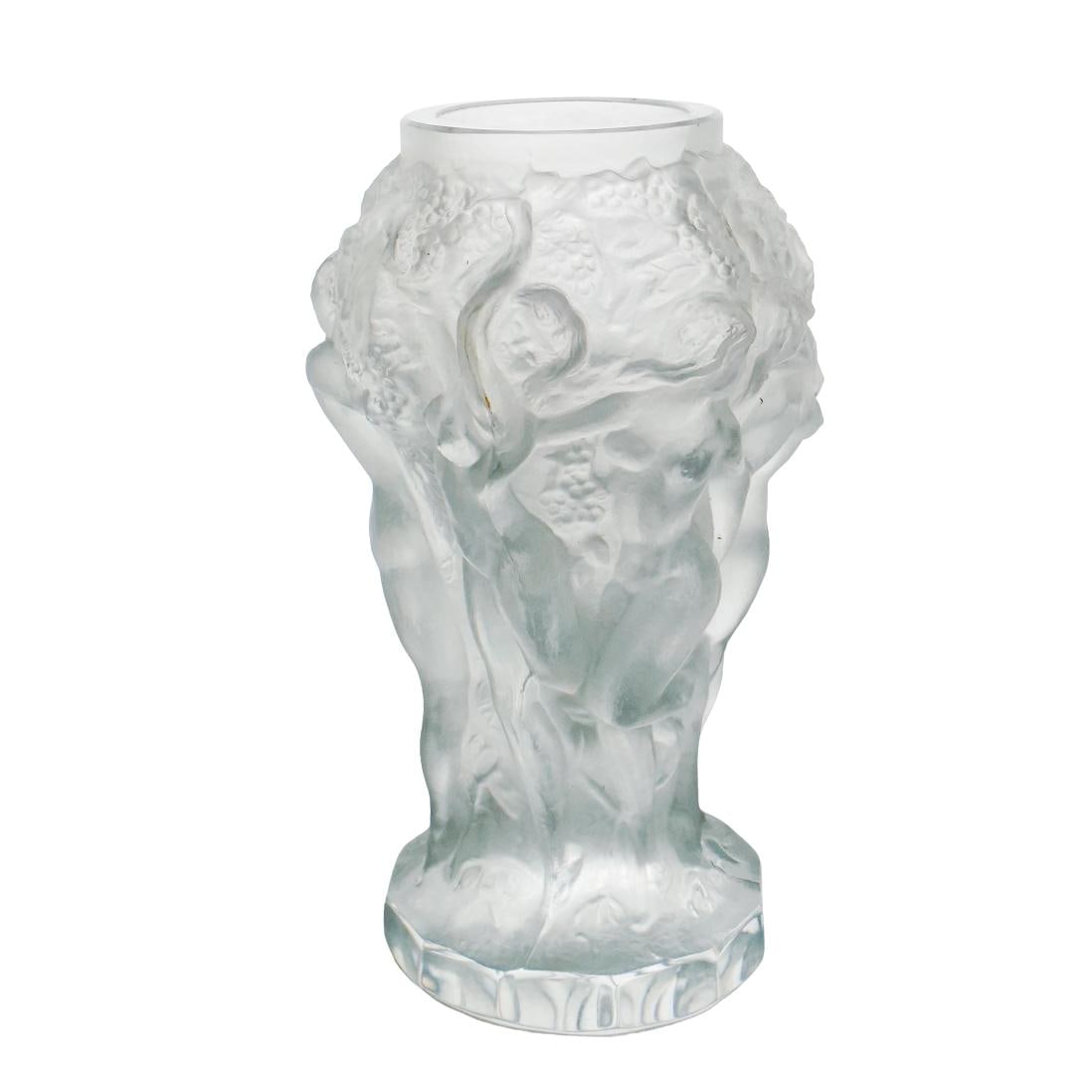 Heinrich Hoffmann Czech Art Deco Glass Vase: Heinrich Hoffmann Czech Art Deco Glass Vase20th c., CzechFrosted art glass vase featuring a relief depicting nude women dancing among grape bunches.H: 5" W: 2.85"