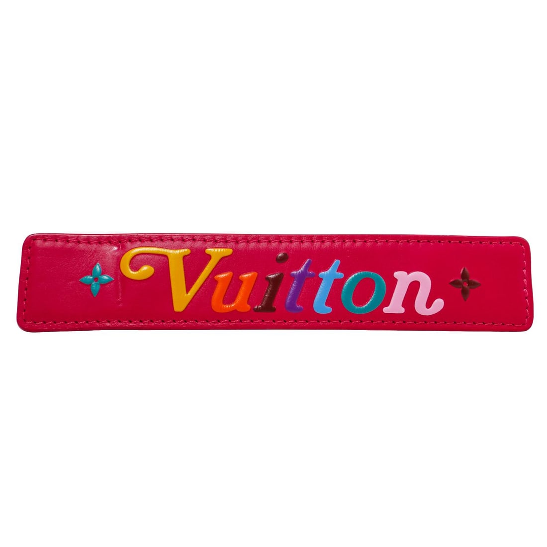Louis Vuitton Pink Leather Bag Handle: Louis Vuitton Pink Leather Bag Handle 21st Century, France Louis Vuitton designer pink leather bag handle with gold tone metal hardware, embellished with "Vuitton" multicolored embossed logo. L: 7 1/2
