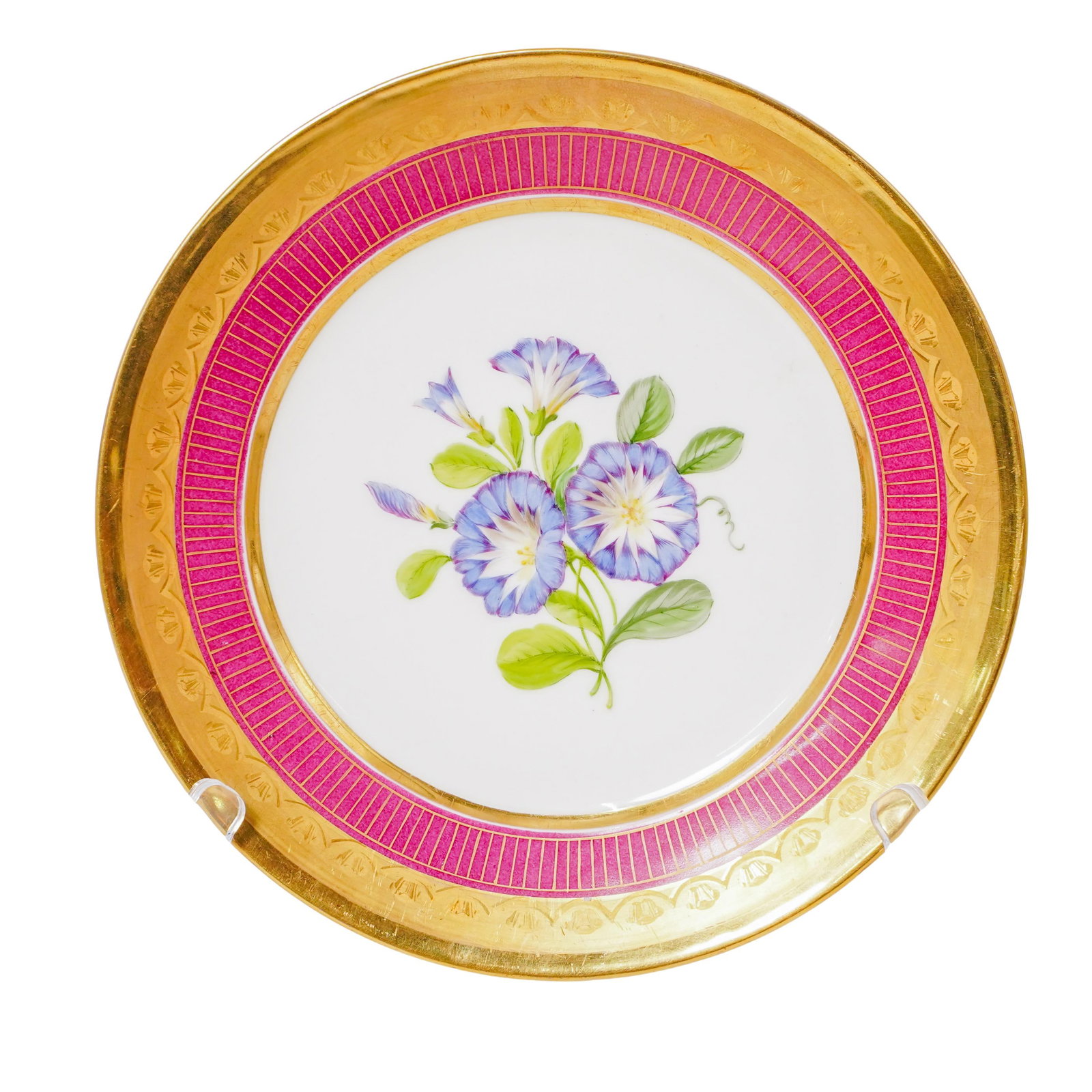 French Schoelcher Morning Glory Porcelain Plate: French Schoelcher Morning Glory Porcelain Plate Early 20th century, French A French porcelain plate featuring a center motif of a morning glory and a pink and gilt border rim accents. Marked on back "