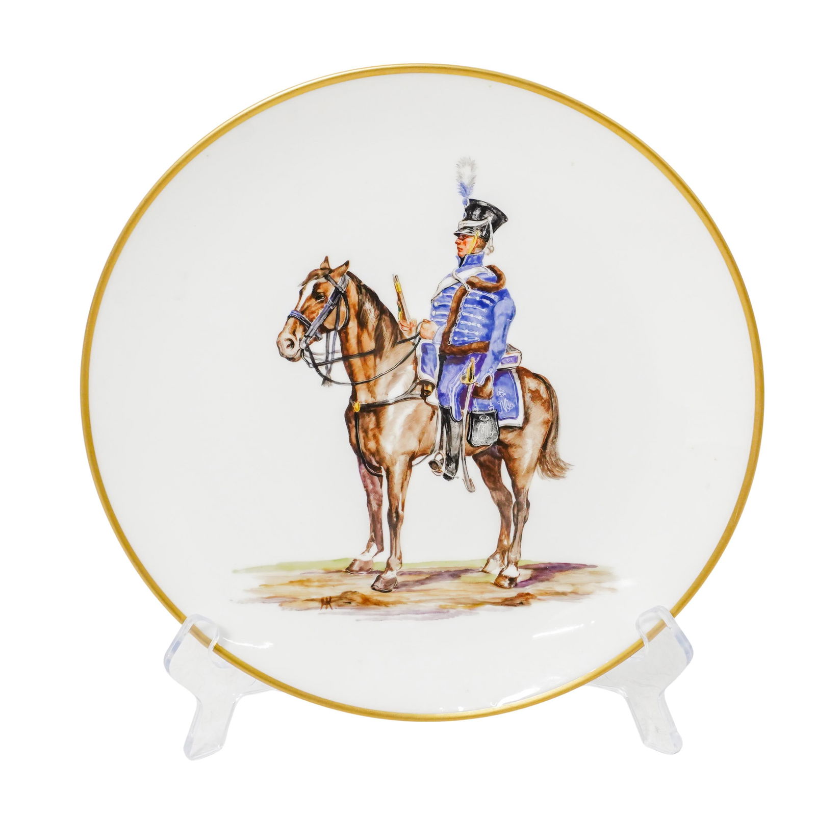 Hans Kratzer Nymphenburg Porcelain Hussar Hand-Painted Plate: Hans Kratzer Nymphenburg Porcelain Hussar Hand-Painted Plate20th century, GermanyA Nymphenberg Porcelain Manufactory (Established 1747, German) porcelain plate featuring a hand-painted depiction of a