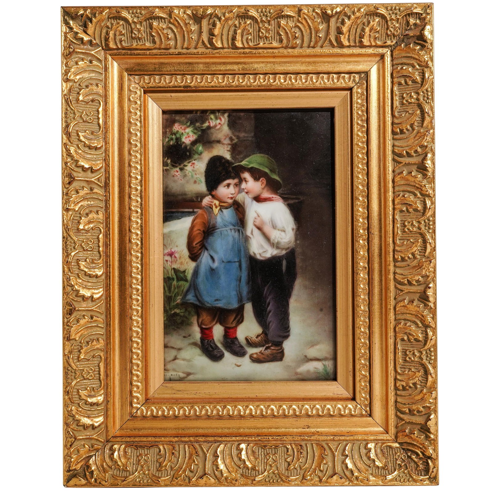 After Marie Wunsch (1862-1898, Austrian) KPM Porcelain Plaque: After Marie Wunsch (1862-1898, Austrian) KPM Porcelain PlaqueEarly 20th century, GermanyA KPM porcelain plaque featuring a hand-painted figural depiction of a small boy and girl styled after "A Little