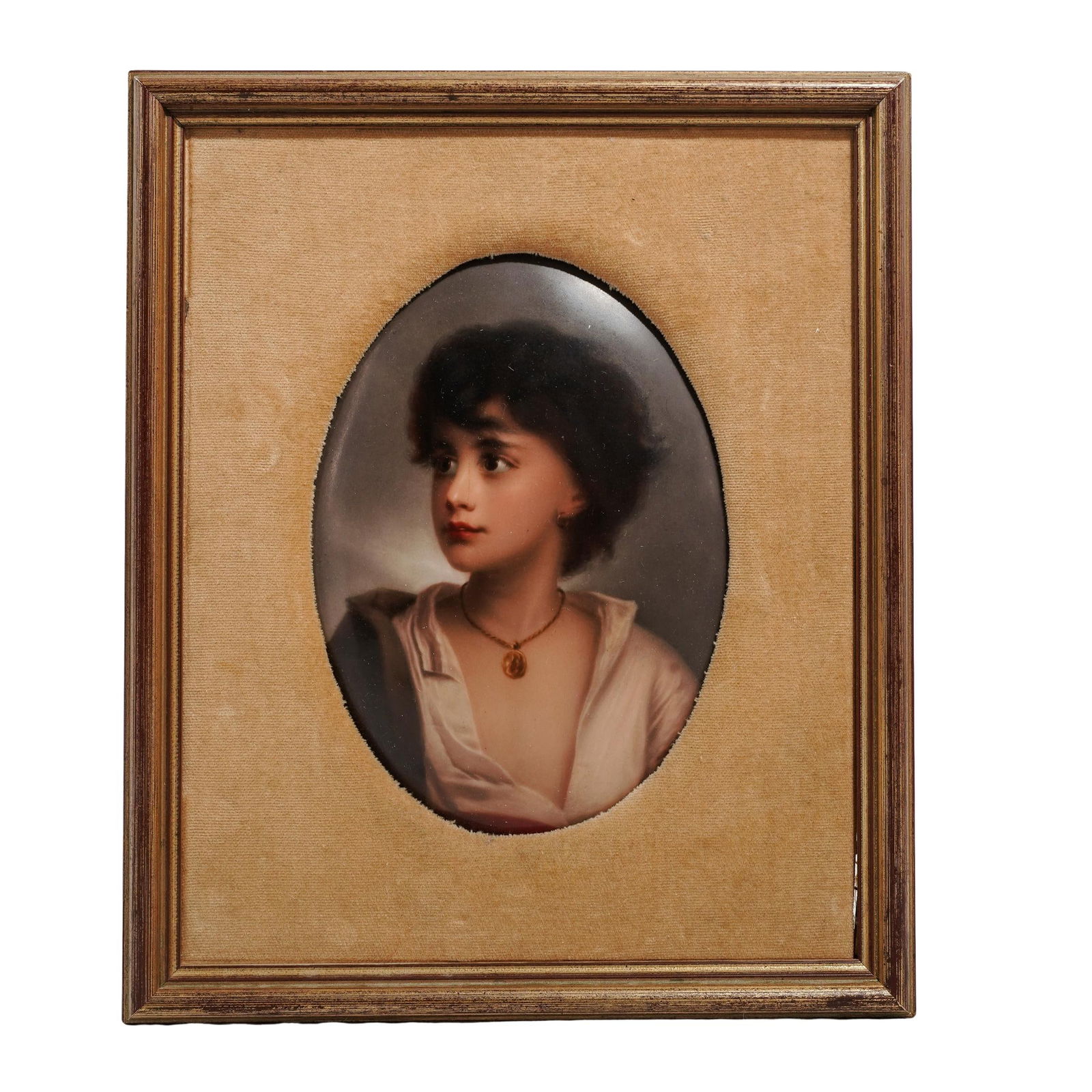 KPM Hand-Painted Porcelain Portrait Plaque: KPM Hand-Painted Porcelain Portrait PlaqueEarly 20th century, GermanyA KPM (Royal Porcelain Manufactory, est. 1763, Germany) hand-painted porcelain plaque featuring a portrait of a young man. Yellow v