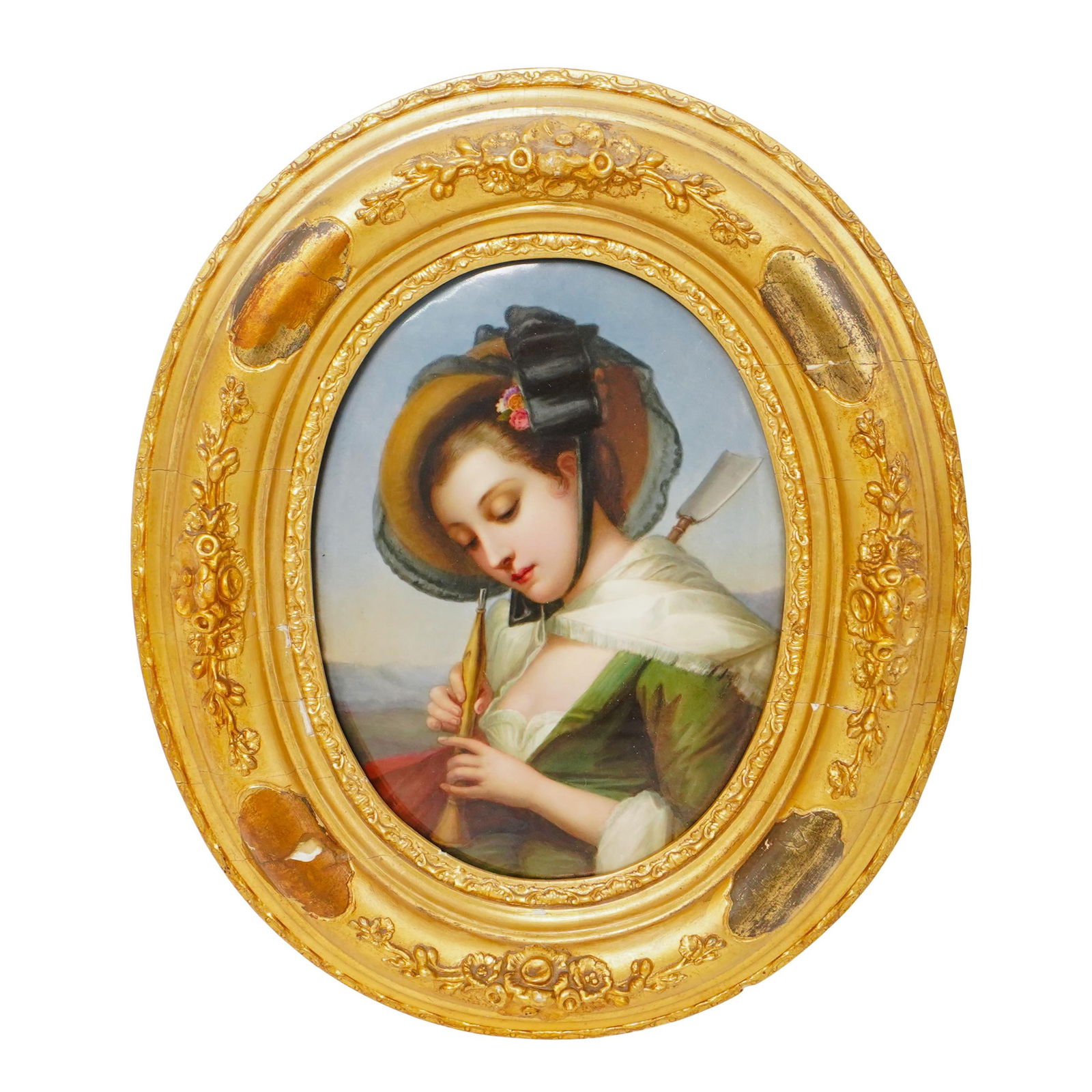 Antique KPM German Porcelain Hand Painted Plaque: Antique KPM German Porcelain Hand Painted PlaqueEarly 20th Century, GermanyAntique Early 20th century KPM hand painted porcelain portrait plaque depicting a young woman, wearing a bonnet, holding a fl
