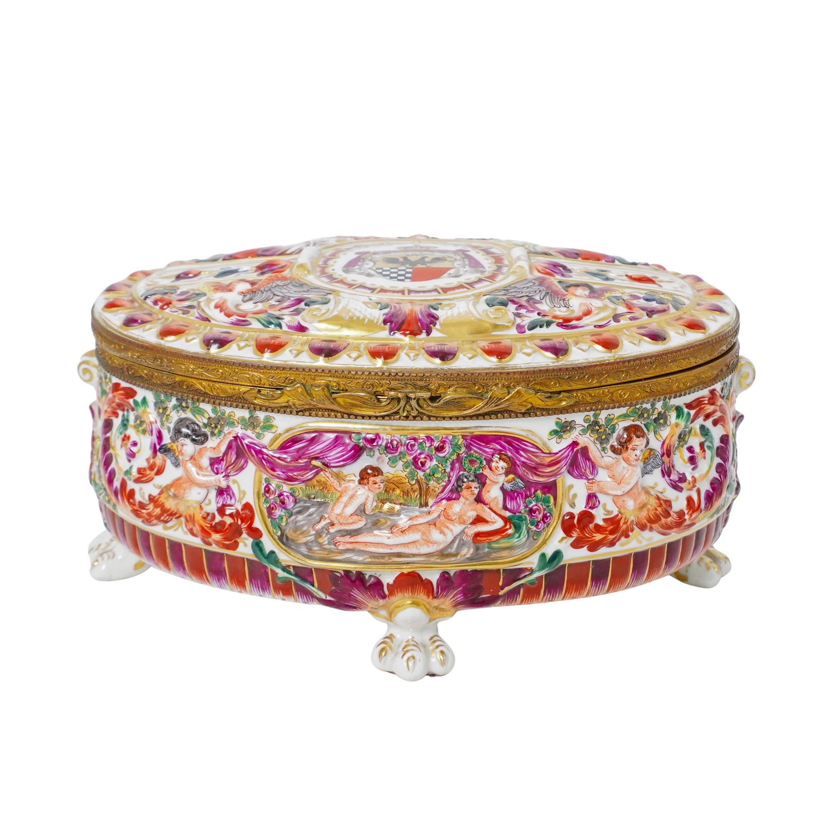 Capodimonte Porcelain Box: Capodimonte Porcelain BoxLate 19th-early 20th century, ItalianA Capodimonte porcelain box with hand-painted figural detail throughout and decorative floral patterns and motifs. Lid has a central armor