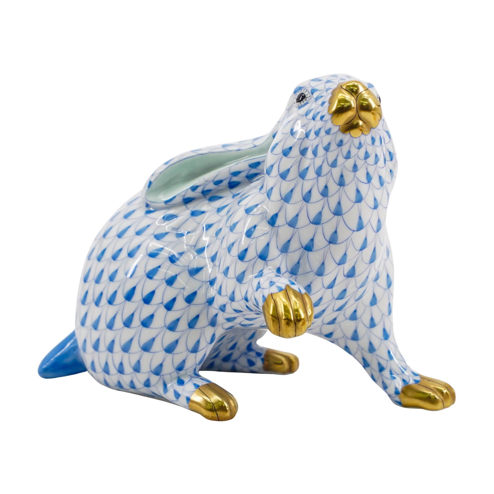 Herend Porcelain "Rabbit Sitting" Blue Fishnet Figurine (1 of 4)