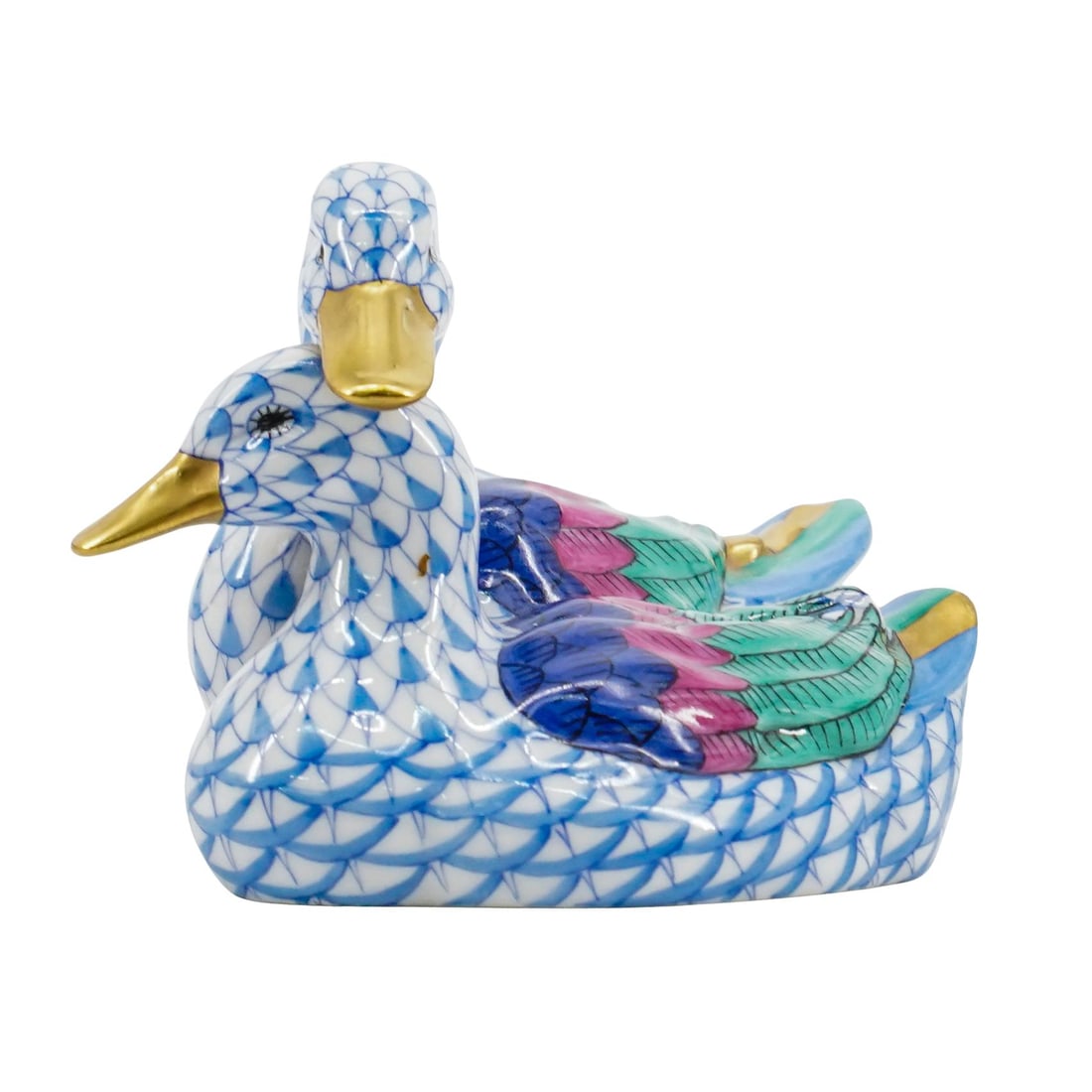 Herend Porcelain "Pair Of Ducks" Blue Fishnet Figurine (1 of 6)
