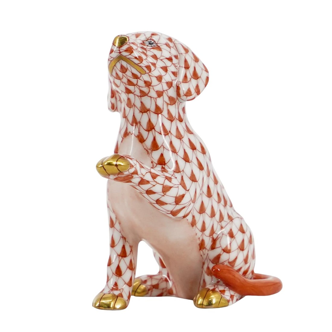 Herend Hungary Porcelain Dalmatian Puppy Fishnet Figurine: Herend Hungary Porcelain Dalmatian Puppy Fishnet Figurine 20th Century, Herend Herend porcelain figurine of a "Dalmatian Puppy Shaking Hands" embellished in a rust fishnet pattern. Finished with gilde