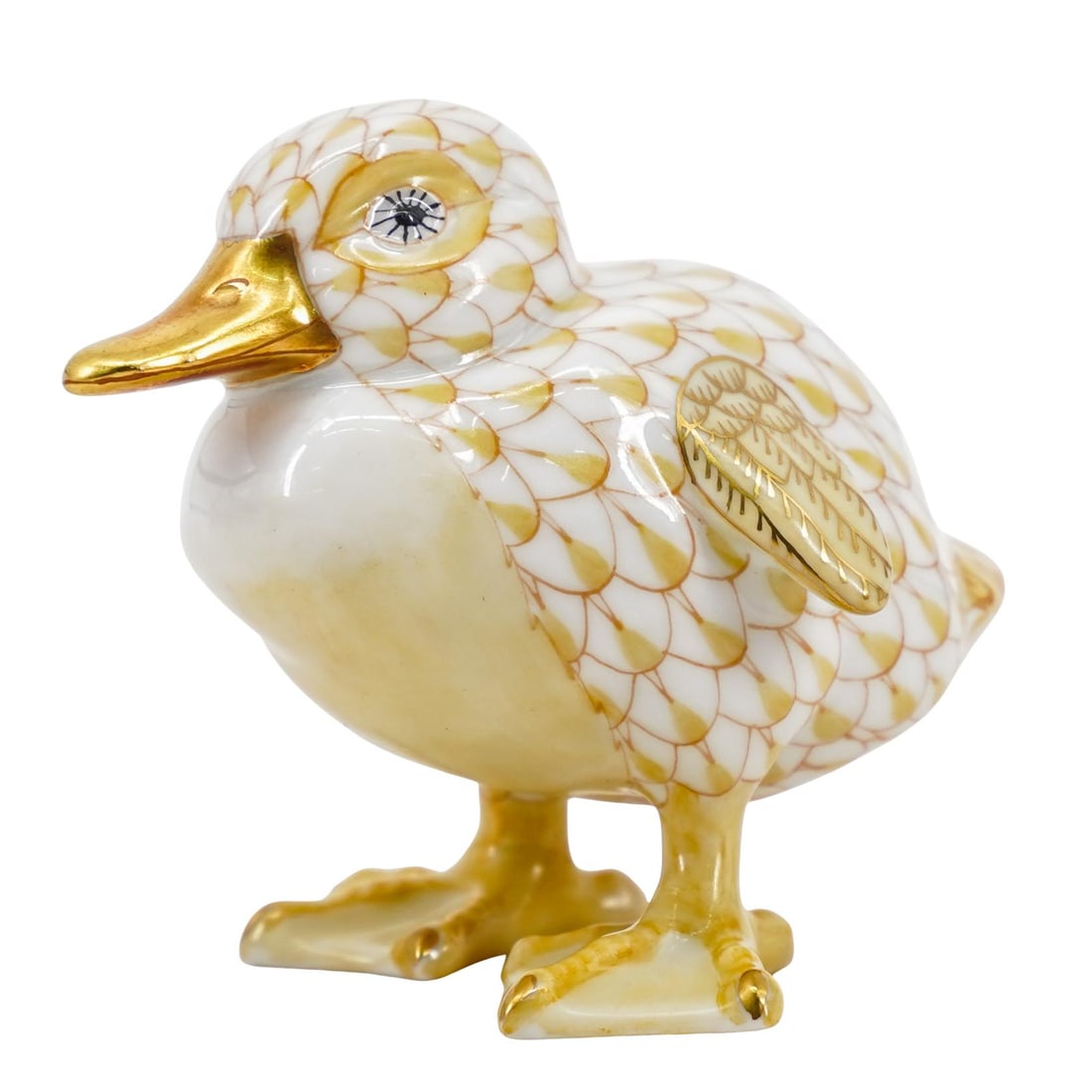 Herend Porcelain "Little Duckling" Fishnet Figurine: Herend Porcelain "Little Duckling" Fishnet Figurine 20th Century, Hungary Herend blue fishnet "Little Duckling" porcelain figurine. Model number: #15834. Marked with Herend mark on the underside. Heig