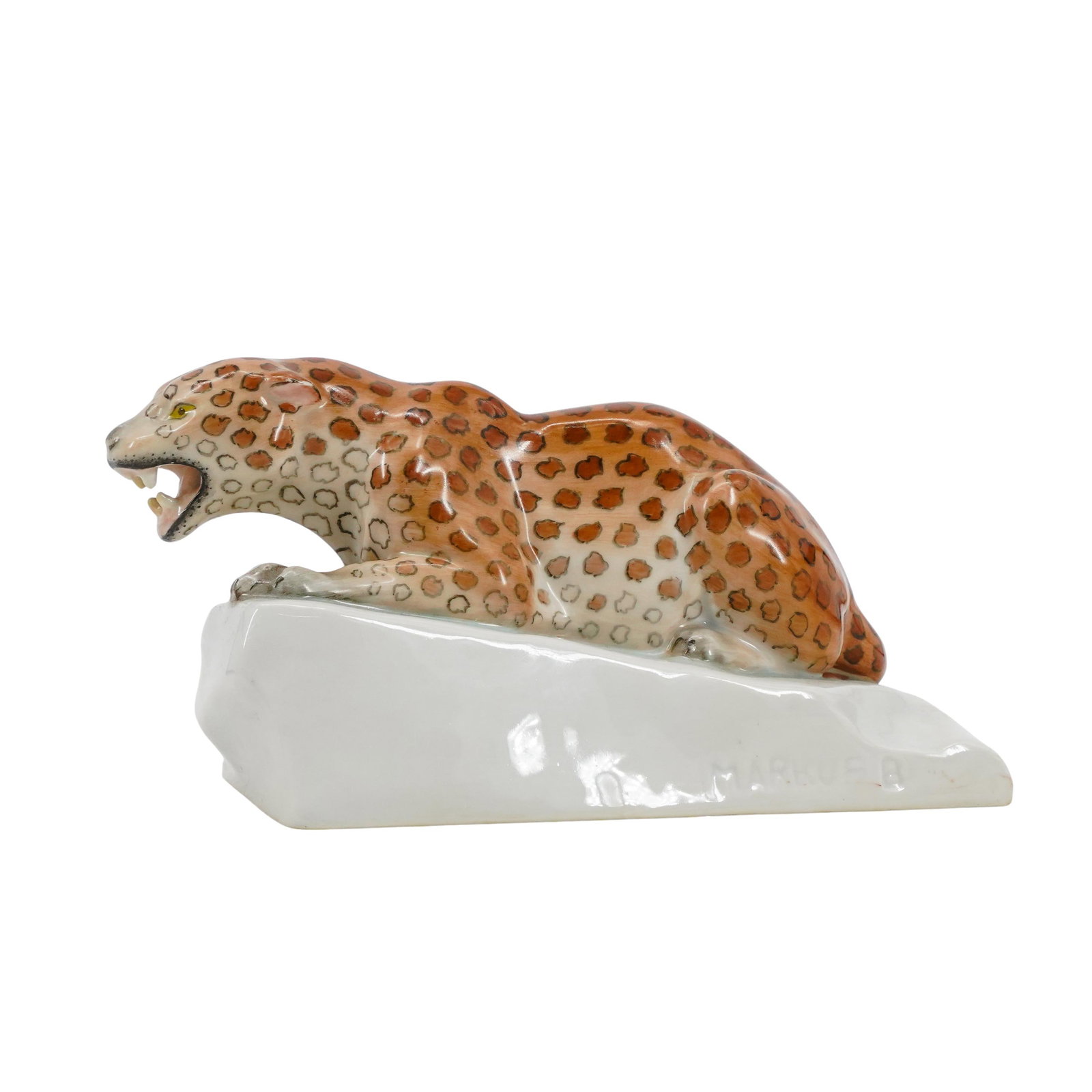 Herend Porcelain "Panther" Figurine: Herend Porcelain "Panther" Figurine 20th Century, Hungary Herend porcelain figurine of a "Panther" embellished with realistic pattern. The panther stands on a white hued rock formation base. Style:#53