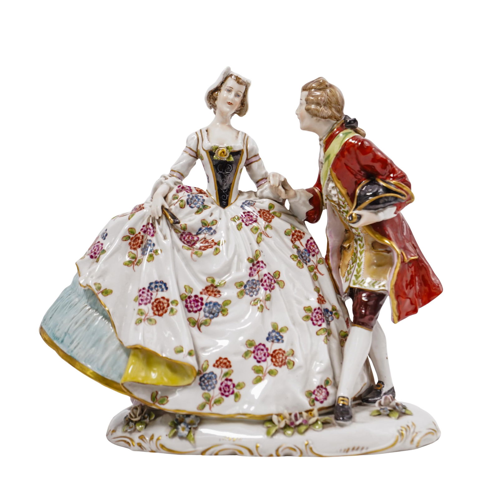 Capodimonte Romantic Couple Porcelain Figurine: Capodimonte Romantic Couple Porcelain Figurine19th c., ItalyPorcelain figural courtship scene featuring an elegant couple decorated in polychrome glaze with gilt detailing. Capodimonte backstamp on th