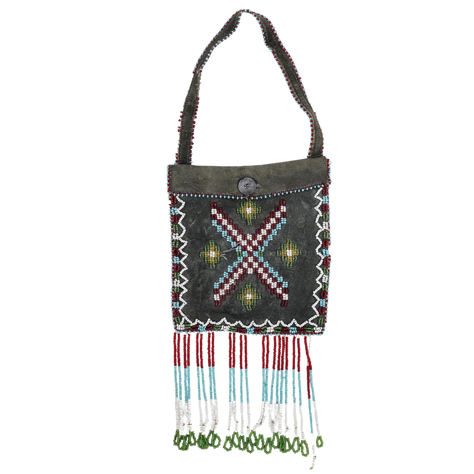 Antique Native American Beaded Gray Leather Bag (1 of 6)