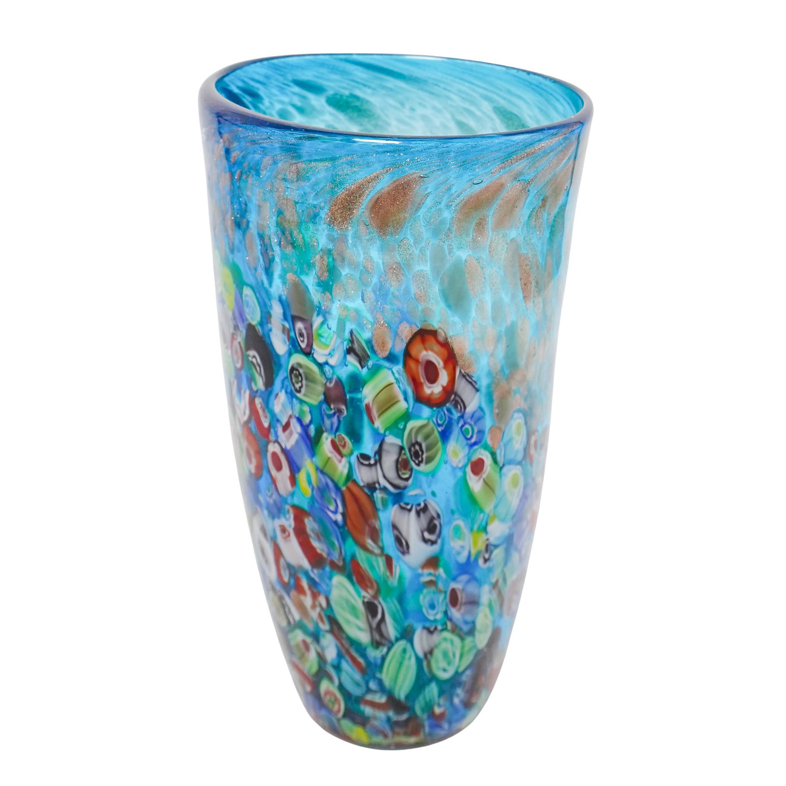 Murano Millefiori Murrine Aventurine Art Glass Vase: Murano Millefiori Murrine Aventurine Art Glass Vase 20th Century, Italy Murano Art Glass Vase in translucent blue glass, featuring multicolored millefiori murrine decorative motifs, further embellishe