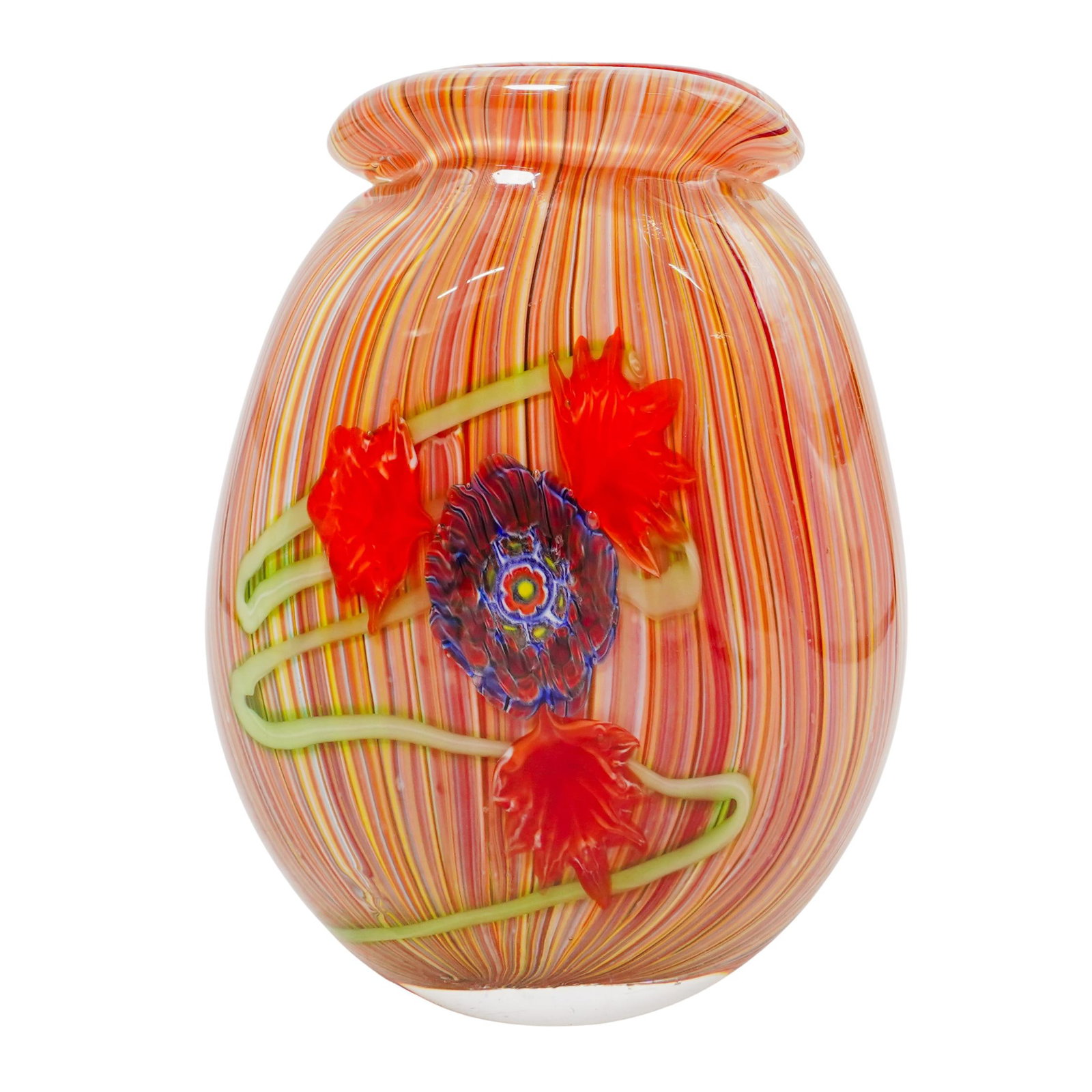 Murano Striped Art Glass Vase: Murano Striped Art Glass Vase 20th Century, Italy Murano Art Glass Vase in in bulbous form with incamiciato red hued interior, featuring multicolored stripes, and millefiori accented floral motif. H: 